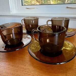 Vintage Vereco France Smoke Glass Cups and Saucers Set of 4 Mid Century